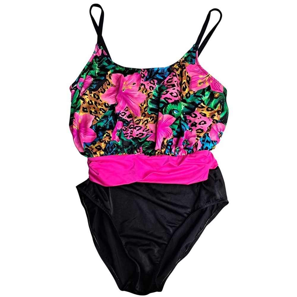 Sea Fair One Piece Swimsuit Women Size 15 / 16 Multicolor Floral Leopard Vtg